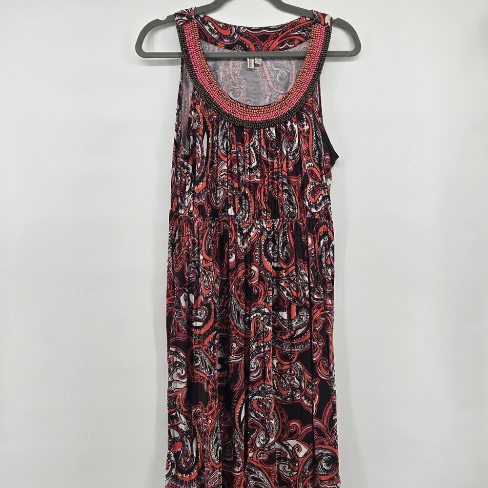 Madison Boho Paisley Sleeveless Midi Dress with Beaded Neckline - M Coral/Brown